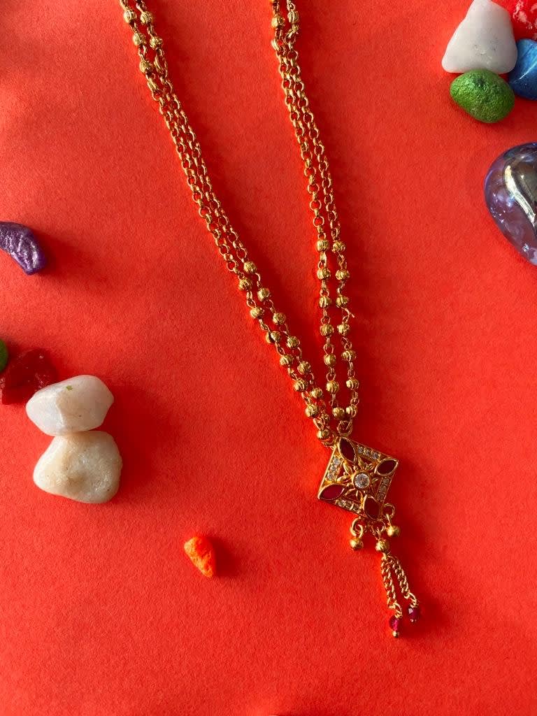 A Stunning High Gold Plated Ad Diamond Ruby Stone Fancy Square Chain