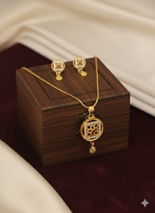 Gold Plated Square Floral Pendant Set With Chain And Earrings