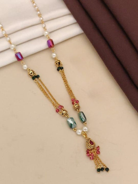 Designer High Gold Plated Ad Diamond Studed Fancy Crystle Pearl Mala With Earring