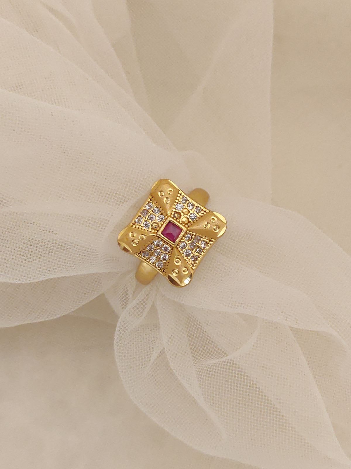 American Diamond Studded Forming Designer Golden Adjustable Ring For Women With 3 Month Guarantee