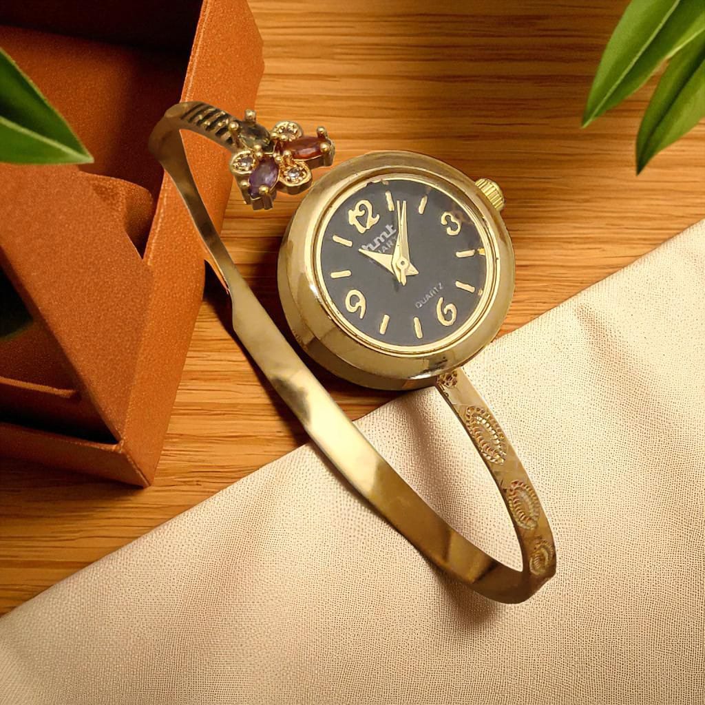 Premium High Gold Plated Ad Diamond Studded Flower Adjustable Black Watch For Women