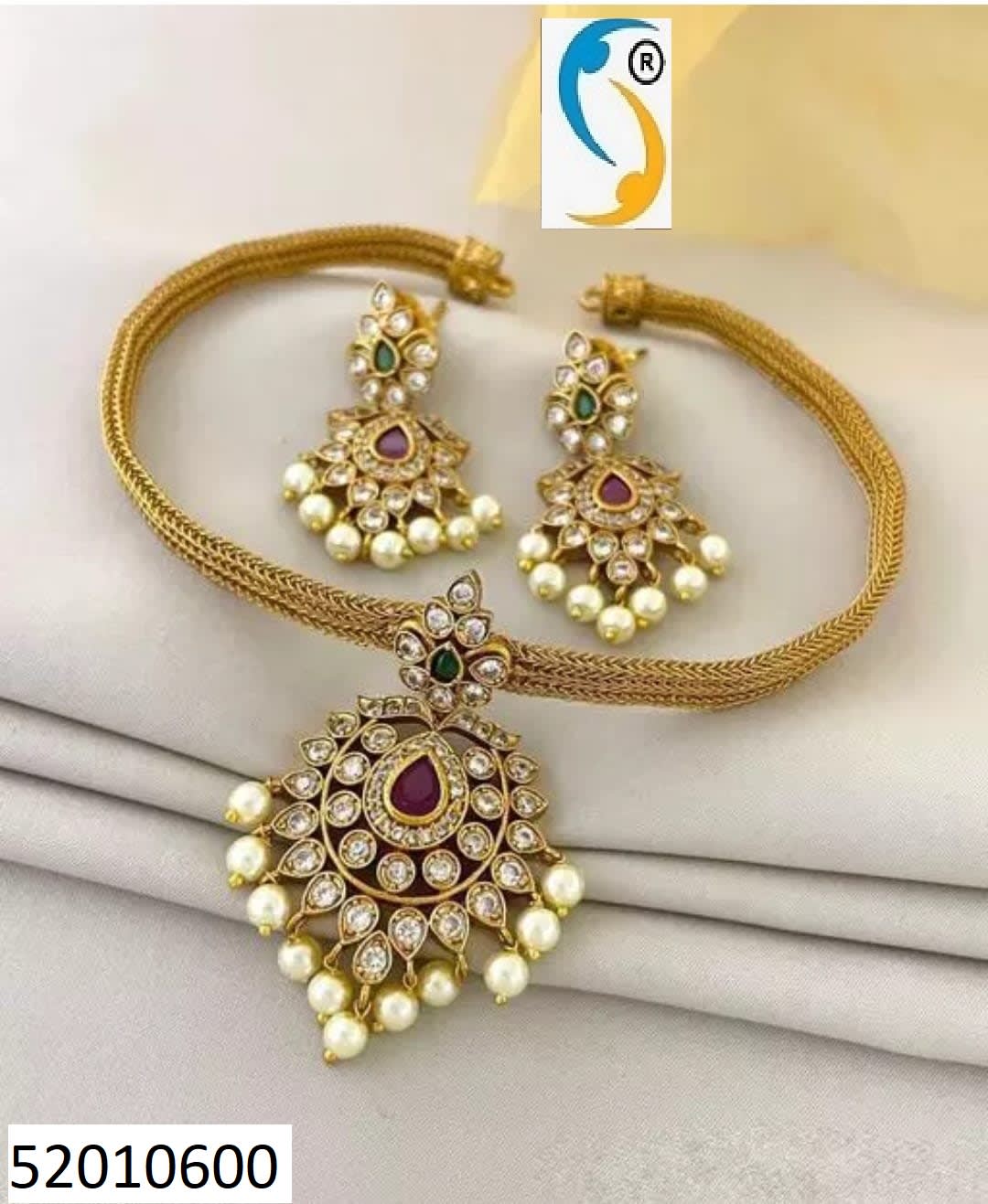 Best Combination Of Pearls & American Diamond With Stunning Ruby Stone Studded Ethnic Wear Antique Finish Beautiful Necklace With Earrings