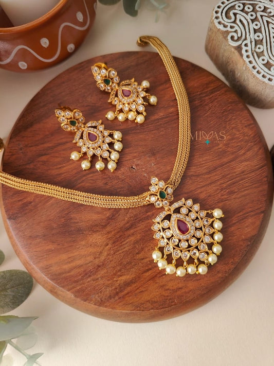 Best Combination Of Pearls & American Diamond With Stunning Ruby Stone Studded Ethnic Wear Antique Finish Beautiful Necklace With Earrings