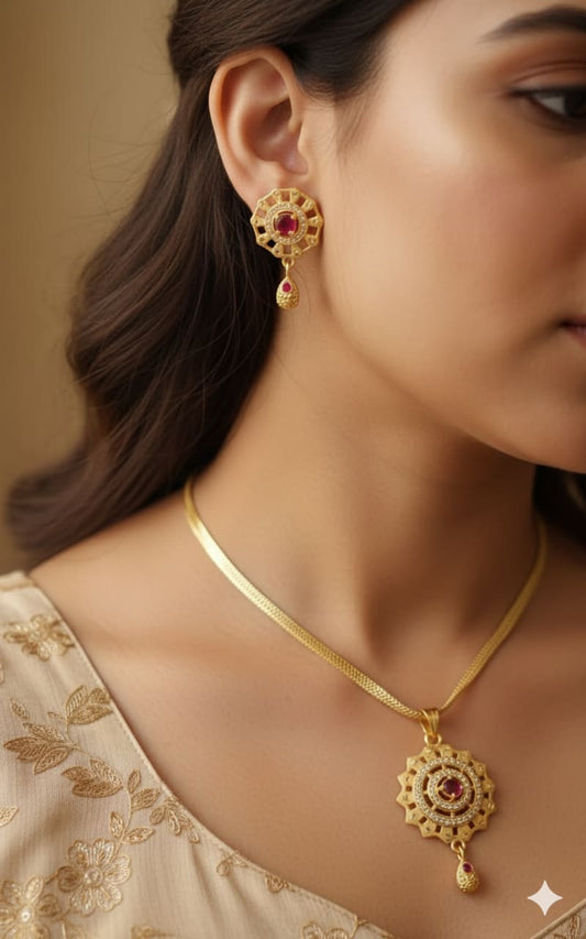 Micro Gold Plated Ad Diamond Studed Fancy Flower Design Pendent With Chain And Ring