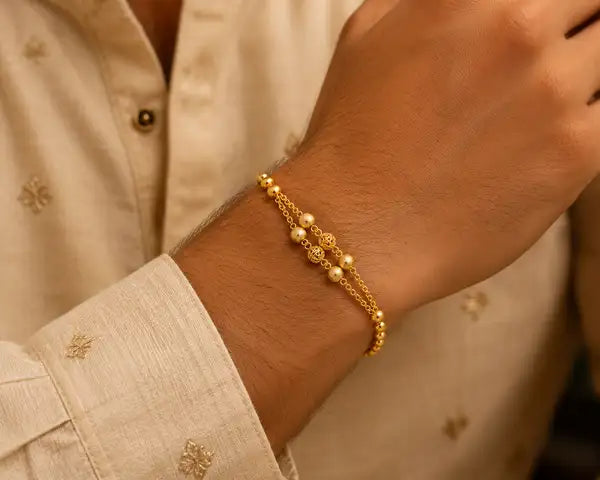 Designer Gold Plated Double Layer Fancy Beaded Rakhi Bracelet for Men & Boys