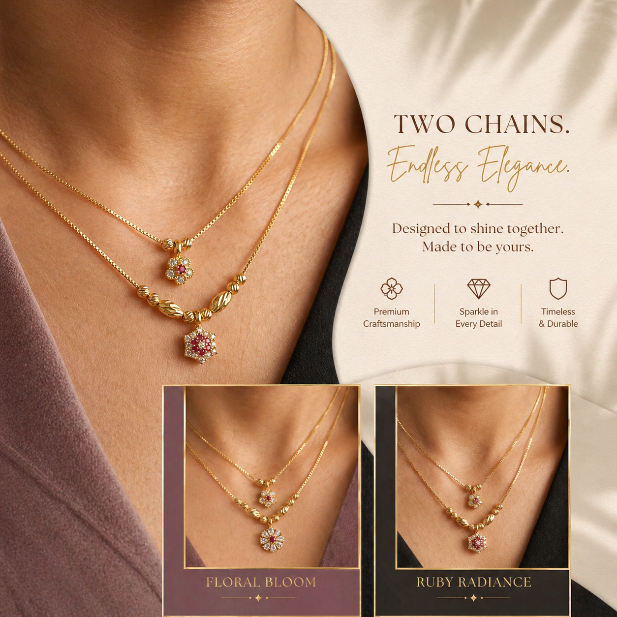 pack of 2 Elegant Dual-Layer Gold Plated Floral Pendant Necklace Set with Ruby & AD Stones