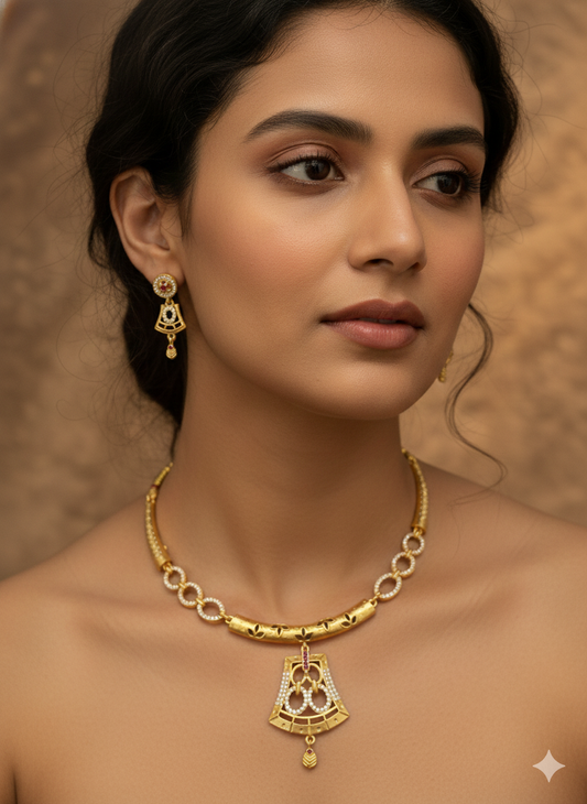 Elegant Micro Gold Plated AD Diamond Pendant Necklace Set with Matching Earrings