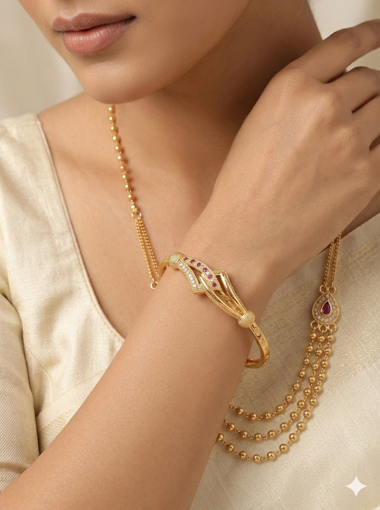 Elegant Triple Layer Gold Plated Beaded chai & Designer Kada Combo Set