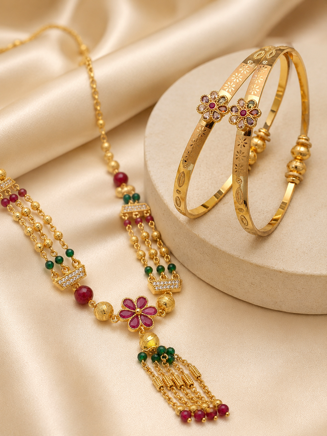 Floral Elegance Gold-Plated Necklace & Adjustable Bangle Combo Set
