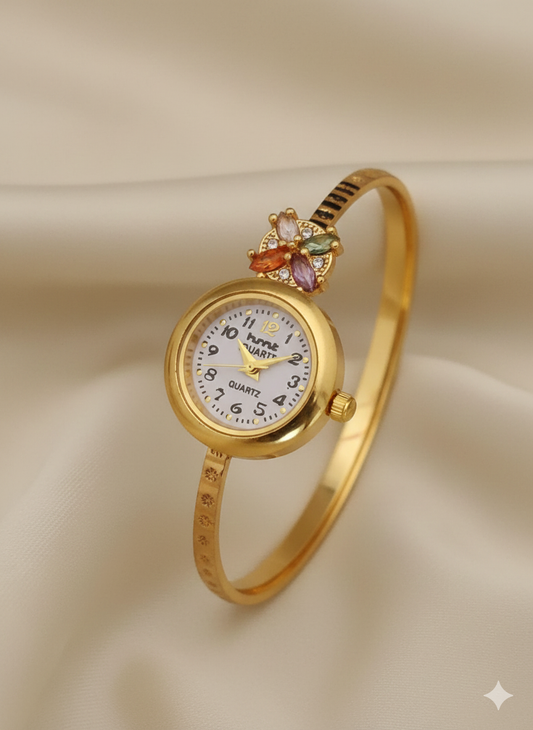 Beautiful Golden Floral AD Stone Studded Bracelet Watch for Women
