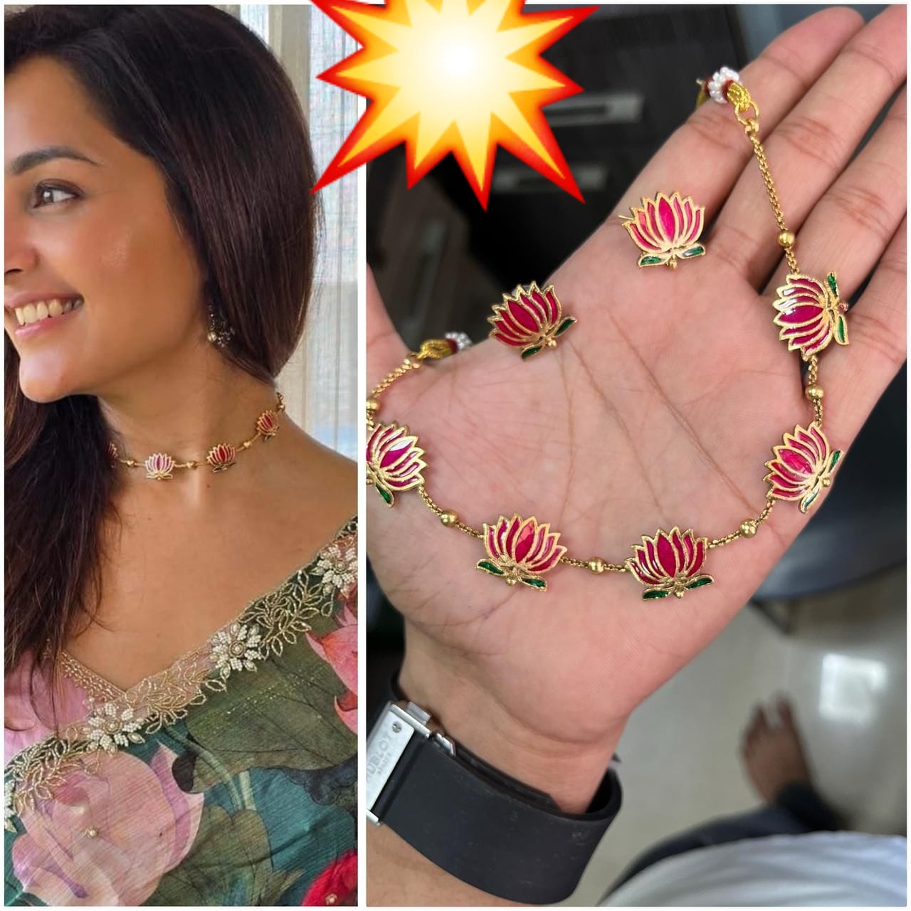 Golden Ball Advaita Enamel Lotus Short Choker Necklace With Earrings For Women