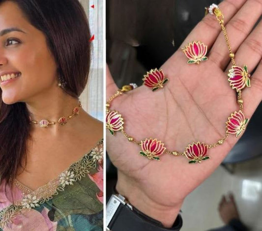 High Gold Plated Meena Work Pink Lotus Necklace With Earrings For Women