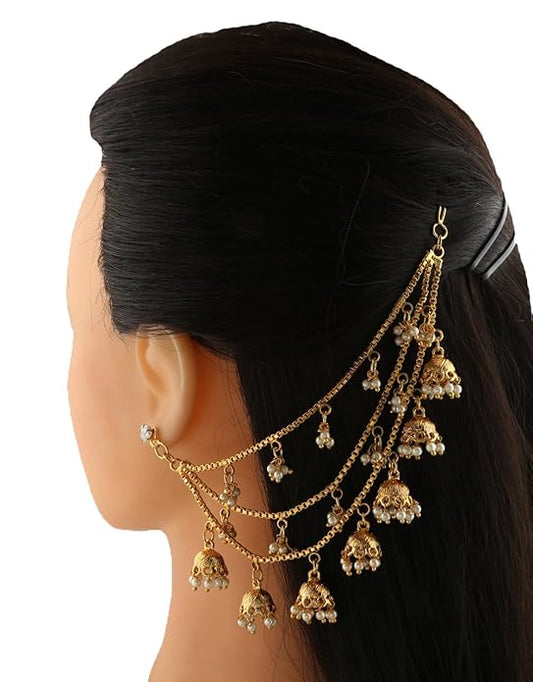 High Gold Plated Jhumki Pearl Drop 3 Line Hanging Ear Chain For Women