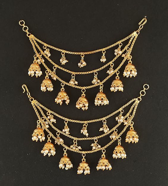 High Gold Plated Jhumki Pearl Drop 3 Line Hanging Ear Chain For Women