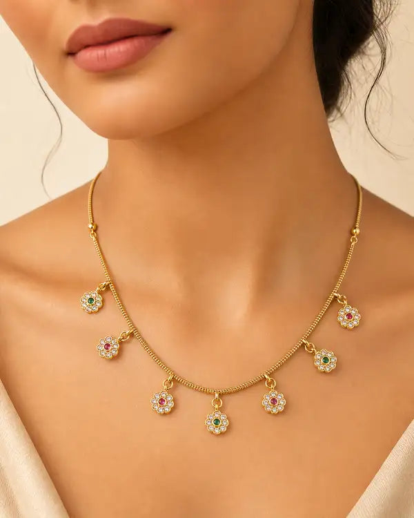 Micro Gold Plated AD Diamond Studded Floral Charm Necklace for Women