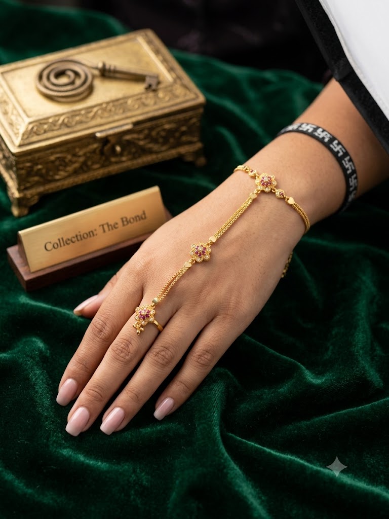Micro Gold Plated AD Diamond Studded Floral Hathphool Bracelet Ring for Women