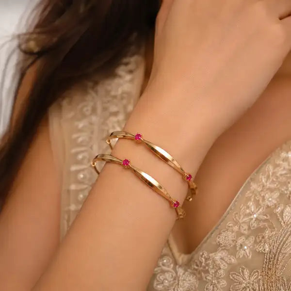 Micro Gold-Plated Ruby Stone Sleek Designer Bangles – Set of 2
