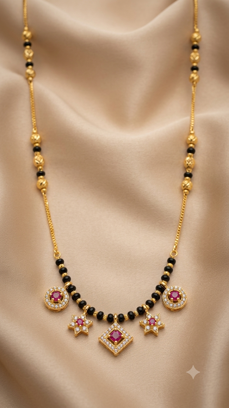 Micro Gold Plated Ruby Stone & AD Diamond Fancy Charm Mangalsutra for Women