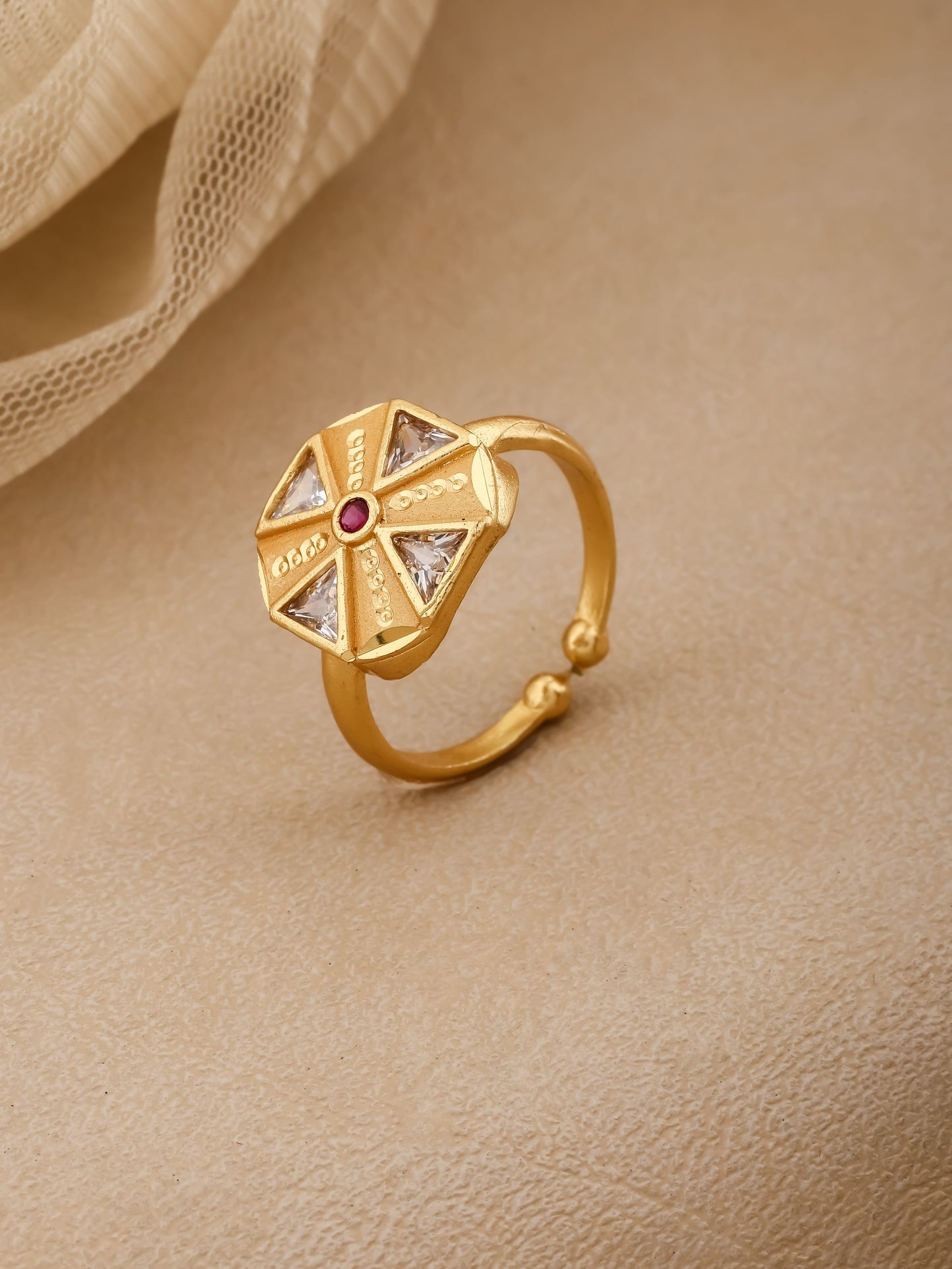 Micro Gold Plated Ad Diamond Studded Adjustable Flower Ring