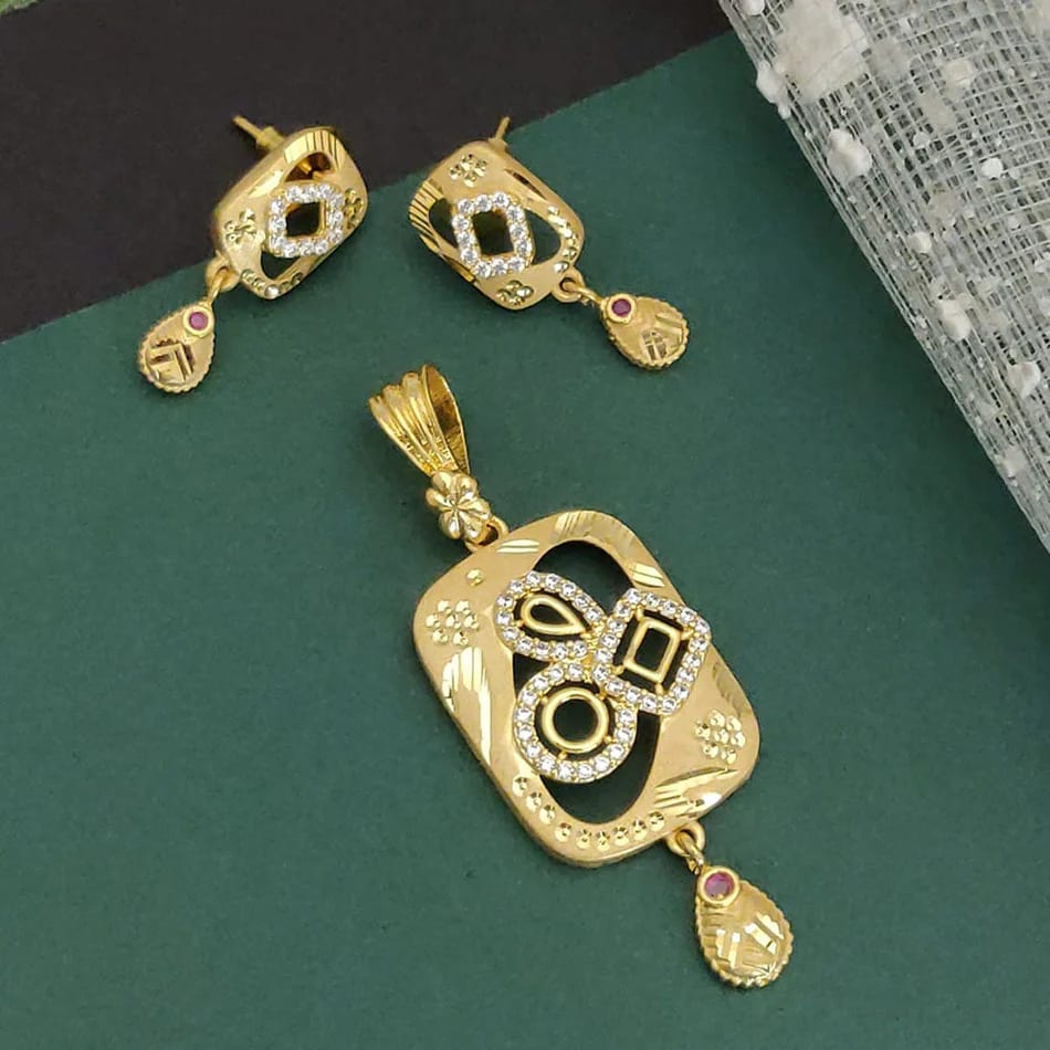 Micro Gold Plated Ad Diamond Pendant Set With Earrings & 18" Chain