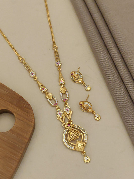 Gold Plated Ad Diamond Studded Fancy Forming Necklace With Earrings For Women
