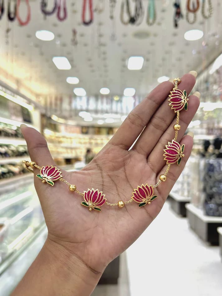 Micro Gold Plated Meena Work Pink Lotus Necklace With Earrings For Women