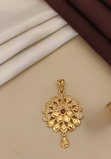 High Gold Plated Ruby Stone Studed Fancy Flower Pendent Set With Ring
