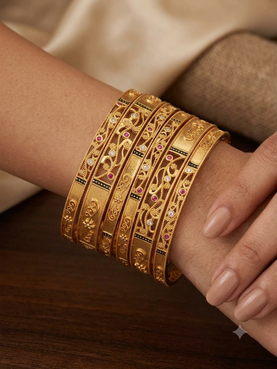 Royal Heritage Gold-Plated AD & Ruby Stone Studded 6 Pcs Bangle Set for Women
