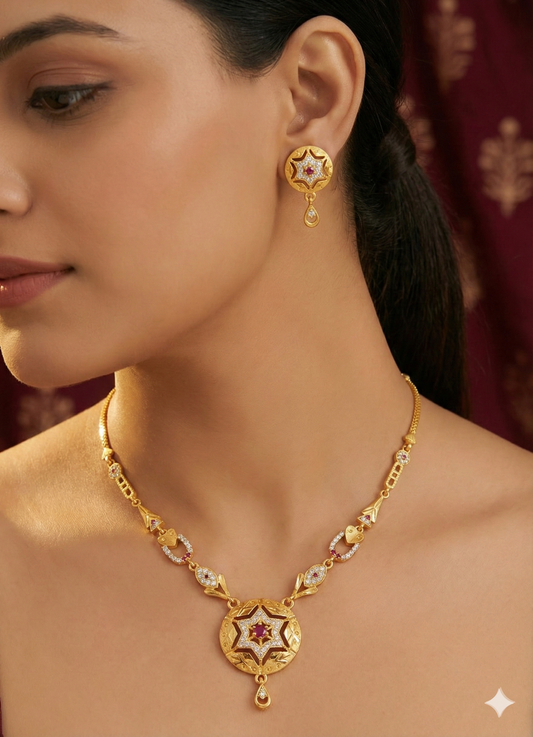 Royal Starburst AD Diamond Gold-Plated Necklace Set with Matching Earrings