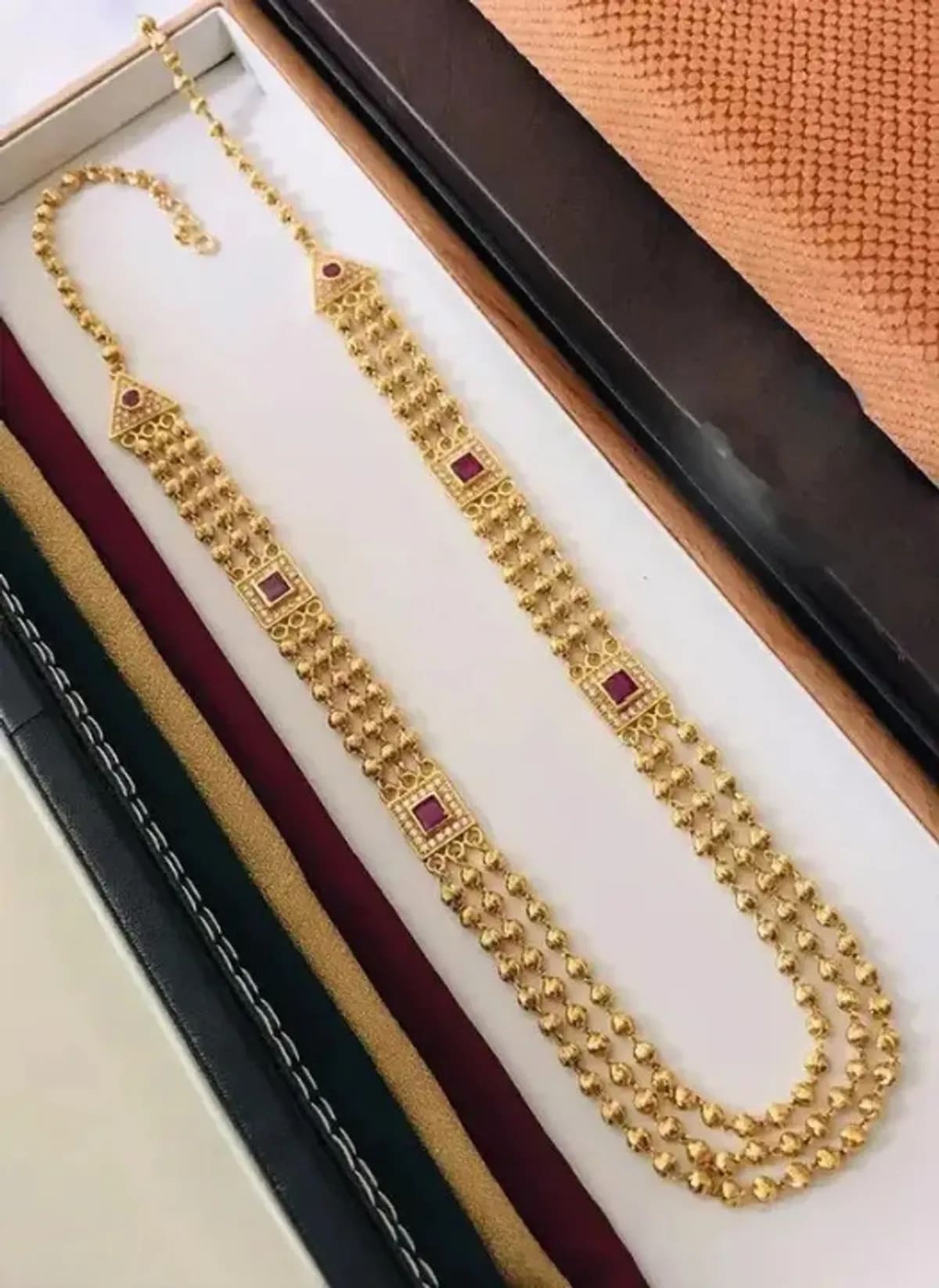 Micro Gold Plated Ad Diamond & Ruby Stone Studded Fancy 3 Line Square Necklace For Women