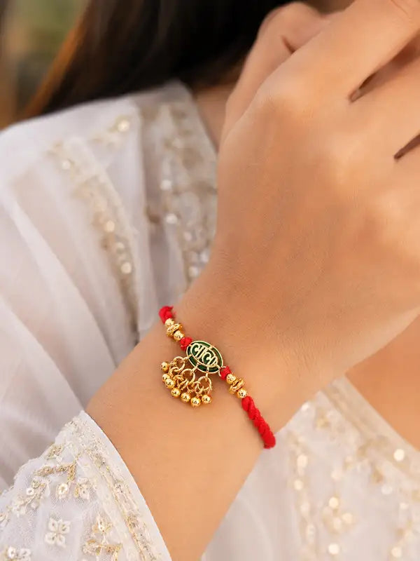Traditional Shree Ram Gold-Plated Designer Rakhi with Red Mauli Thread