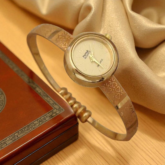 Gold Plated White Dial Adjustable Bracelet Watch For Women