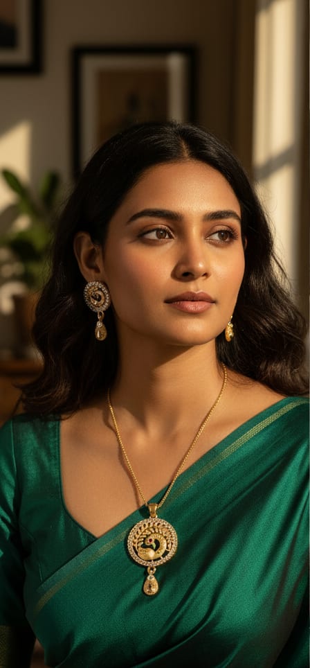 Gold Plated Ad Diamond Studded Peacock Design Pendant Set With Earrings For Women