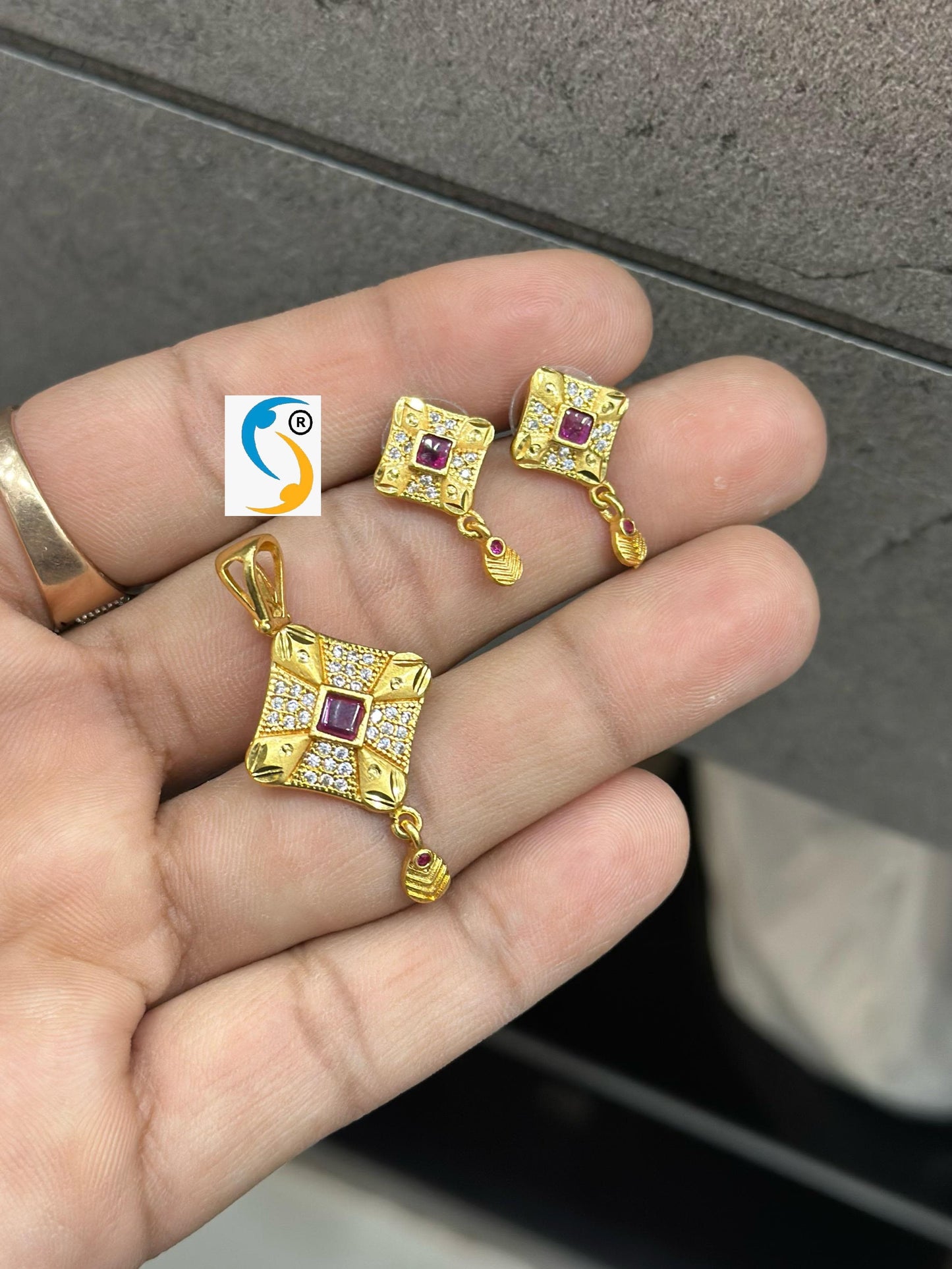 Gold Plated Ad Diamond Studded Square Pendant With Earrings & Adjustable Ring For Women