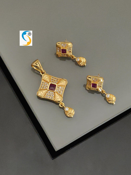 Gold Plated Ad Diamond Studded Square Pendant With Earrings & Adjustable Ring For Women