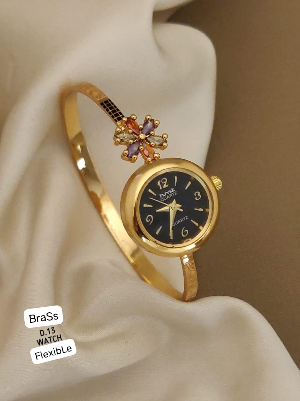Gold Plated Ad Dimaond Fancy Adjustable Black Flower Watch