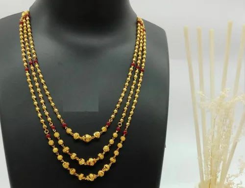 Red Pearl Studded Beautifully Gold Plated 3 Layer Chain