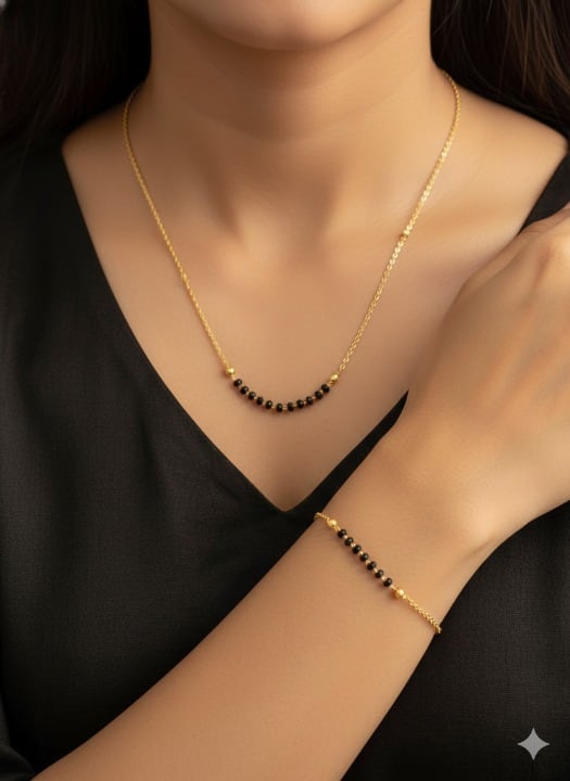 Micro Gold Plated Daily Wear Black Beads Fancy Mangalsutra With Hand Mangalsutra