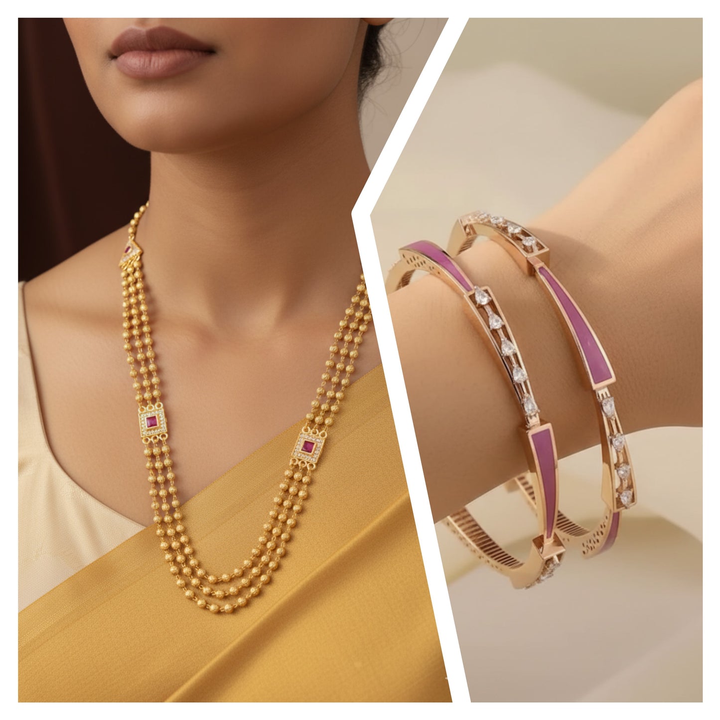 Micro Gold Plated Ad Diamond Studed Fancy Chain With Rose Gold Diamond Bangle