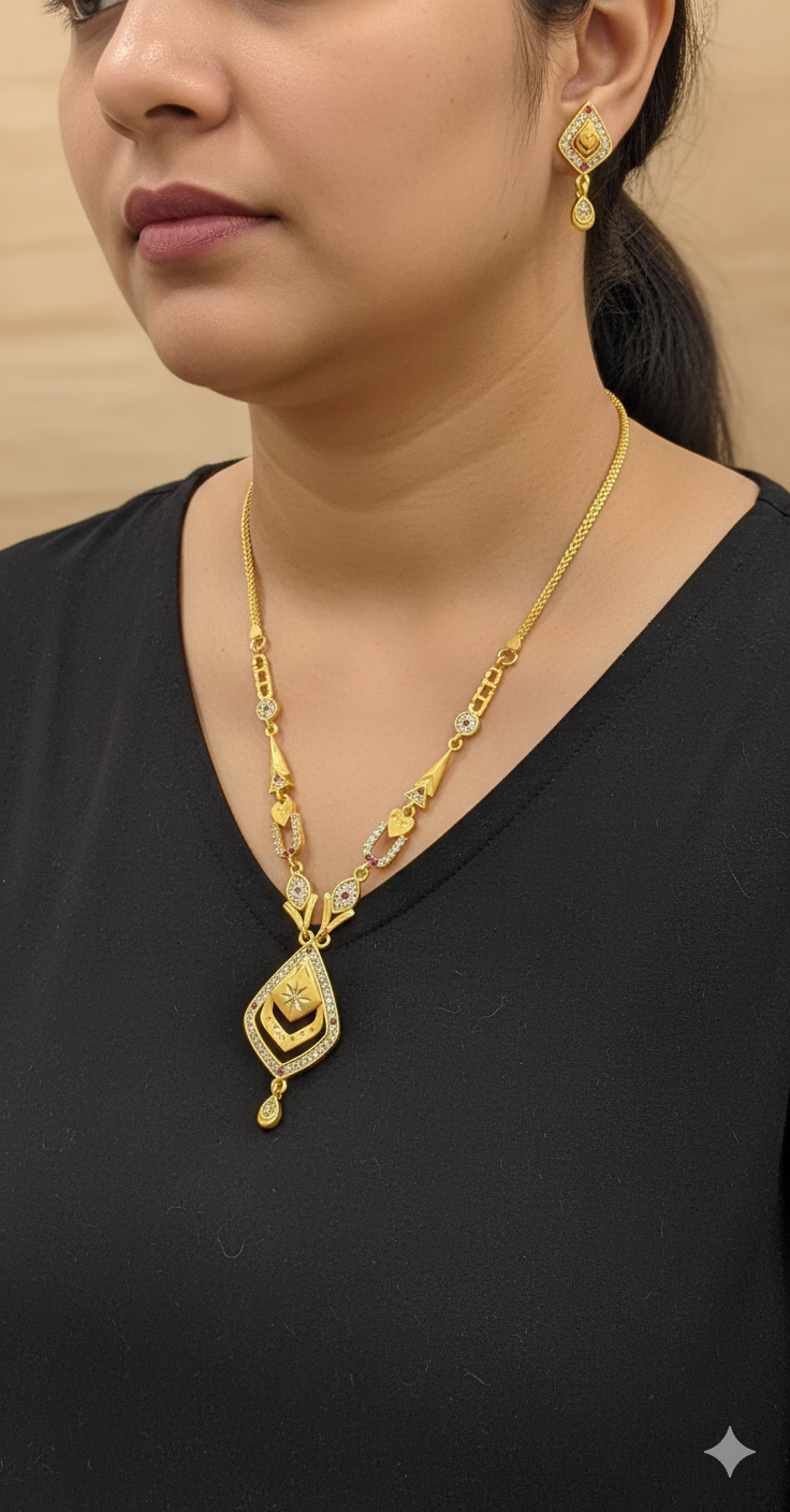 micro gold plated ad diamond studed fancy oval necklace with earing