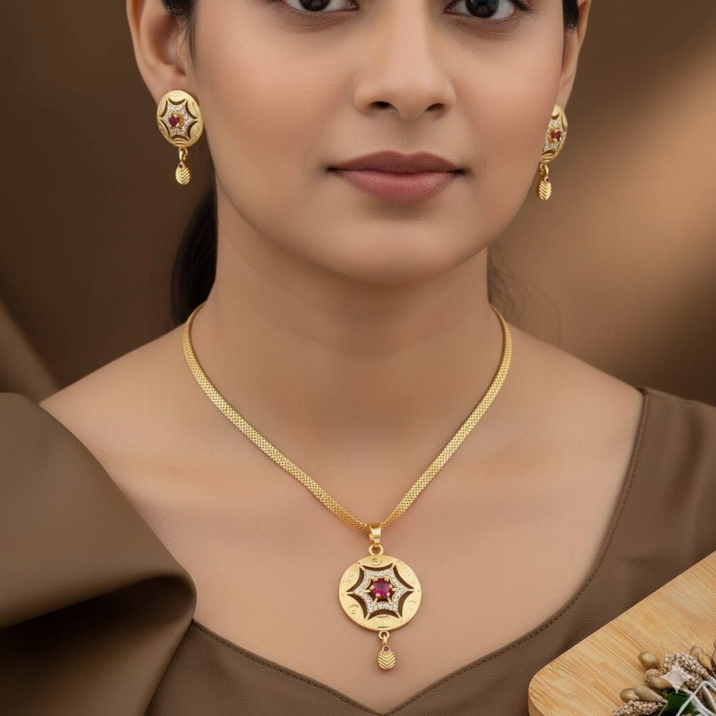 Micro Gold Plated Ad Diamond Studed Fancy Star Pendent Set With Ring