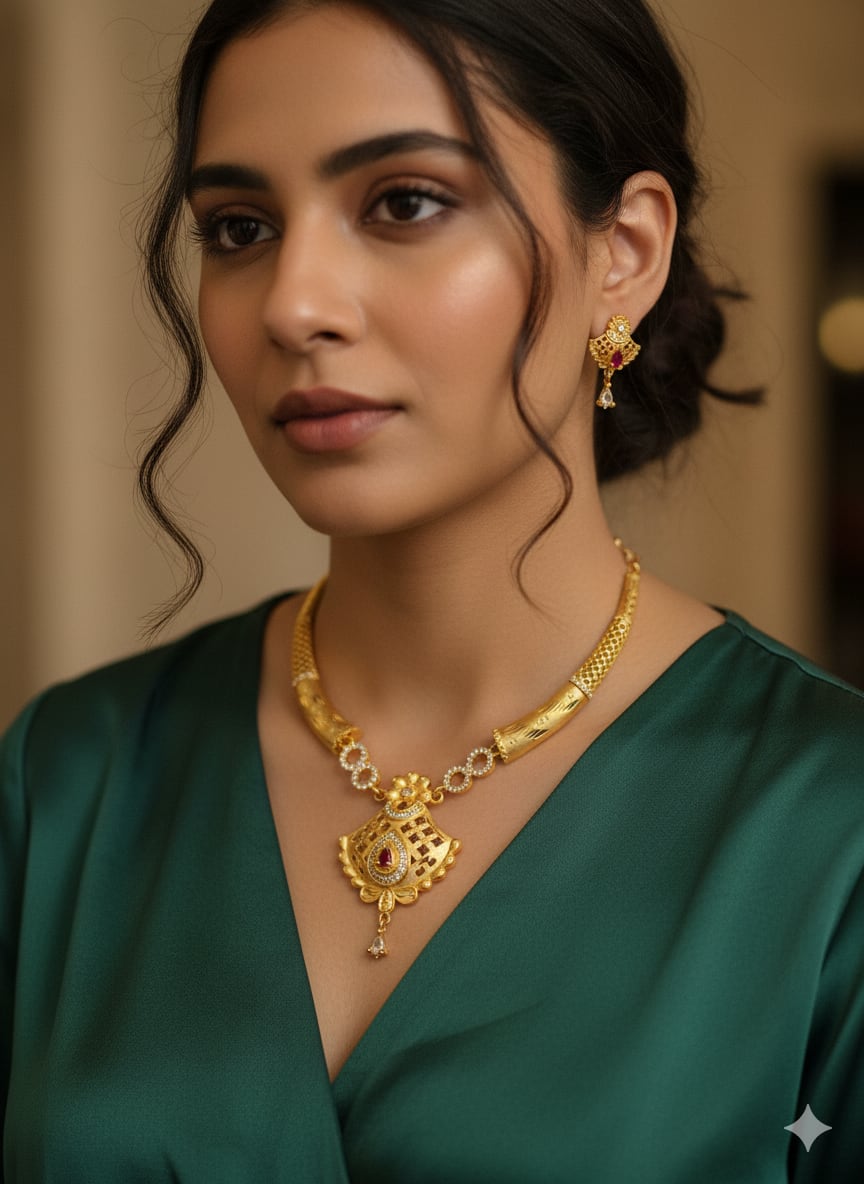 Micro Gold Plated Ad Dimaond Studed Floral Forming Necklace With Earring