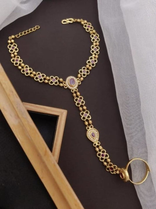 New Designer Premium High Gold Plated Ruby Stone Studded Fancy Hand Cuff For Women