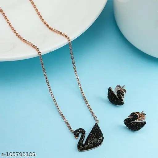 Origional Stainless Steel Black Beeds Studed Fancy Duck Chain With Earrings
