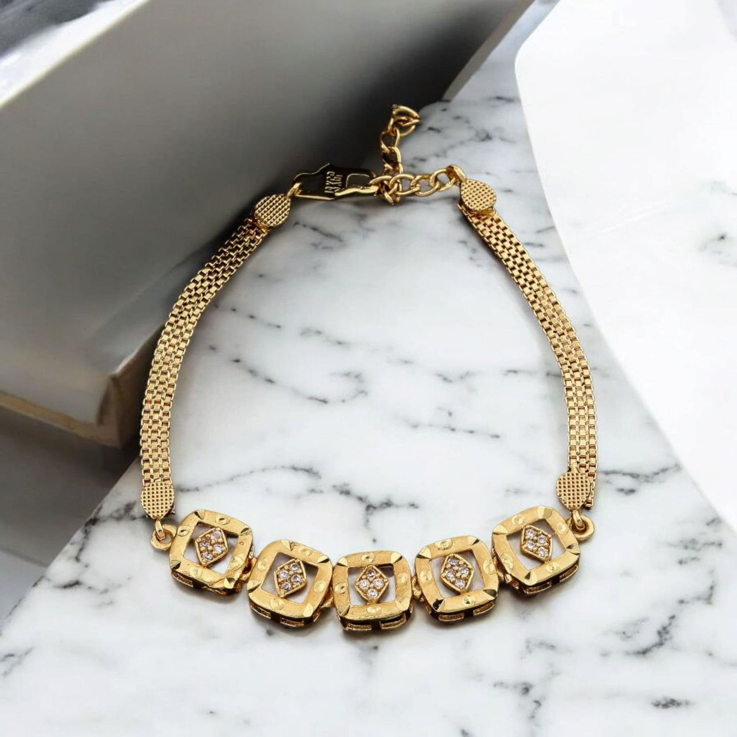 Micro Gold Plated Ad Diamond Studded Fancy Square Bracelet