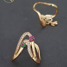 Gold Plated Kemp Stone Stded Flower Design Adjustable U Shape Ring
