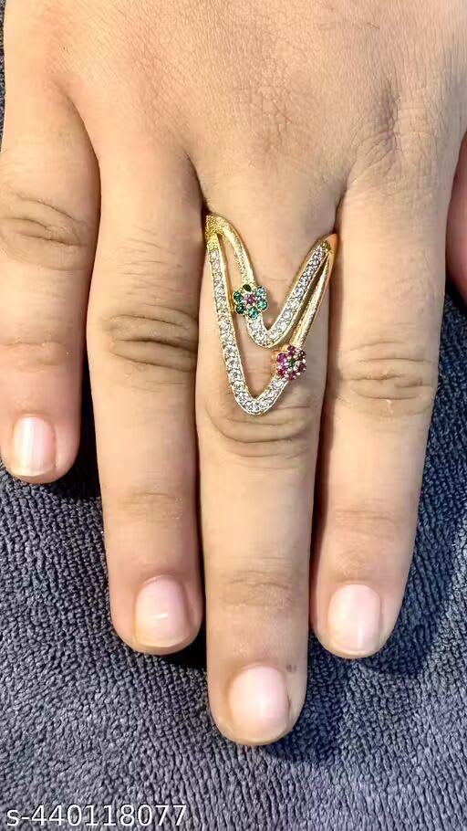 Gold Plated Kemp Stone Stded Flower Design Adjustable U Shape Ring