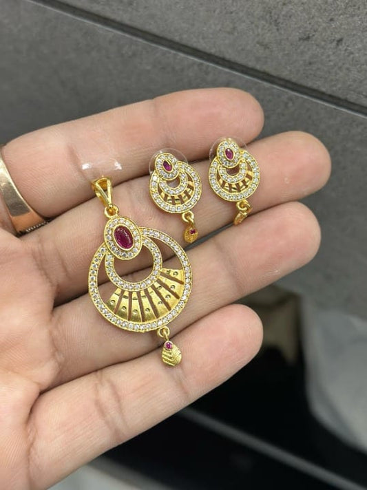 High Gold Plated Ad Diamond Studed Facy Moon Pendent Set