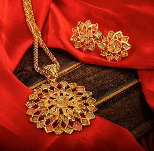 Gold Plated Rangoli Flower Pendent Set With Beautiful Ring