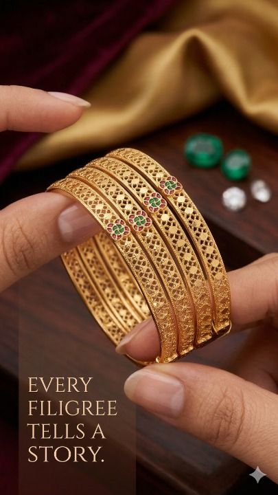 Royal Filigree Micro Gold Plated Traditional Bangle Set with Ruby & Emerald Stone Work